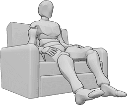 Référence des poses- Position assise confortable - L'homme est confortablement assis sur le canapé, les deux mains dans les poches.