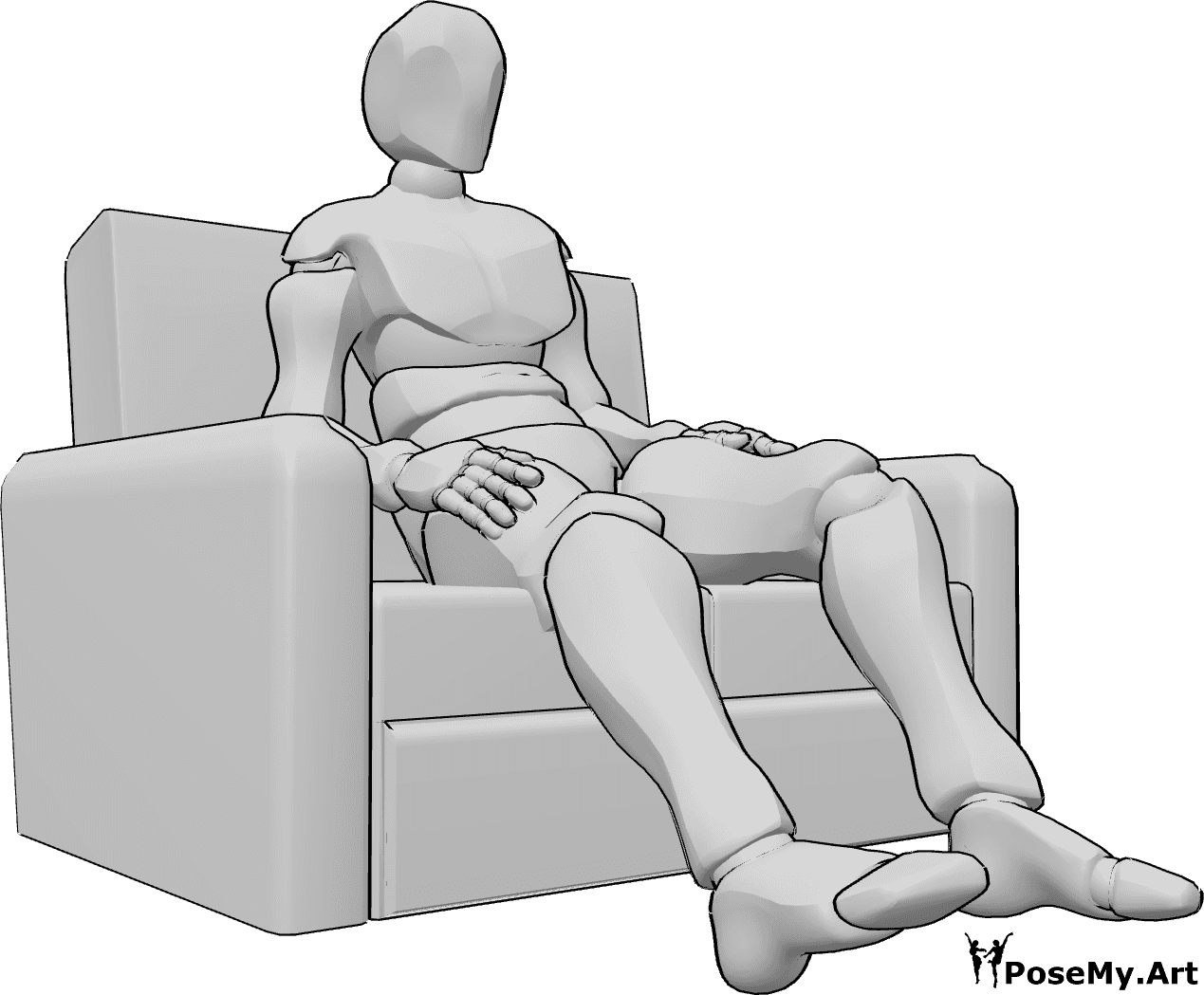 Referência de poses- Postura sentada confortável - O homem está sentado confortavelmente no sofá, com as duas mãos nos bolsos