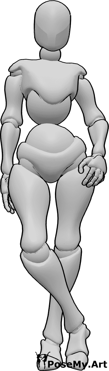 Référence des poses- Pose de la poche de la main gauche - La femme est debout, les jambes croisées, la main gauche dans la poche et le regard tourné vers l'avant.