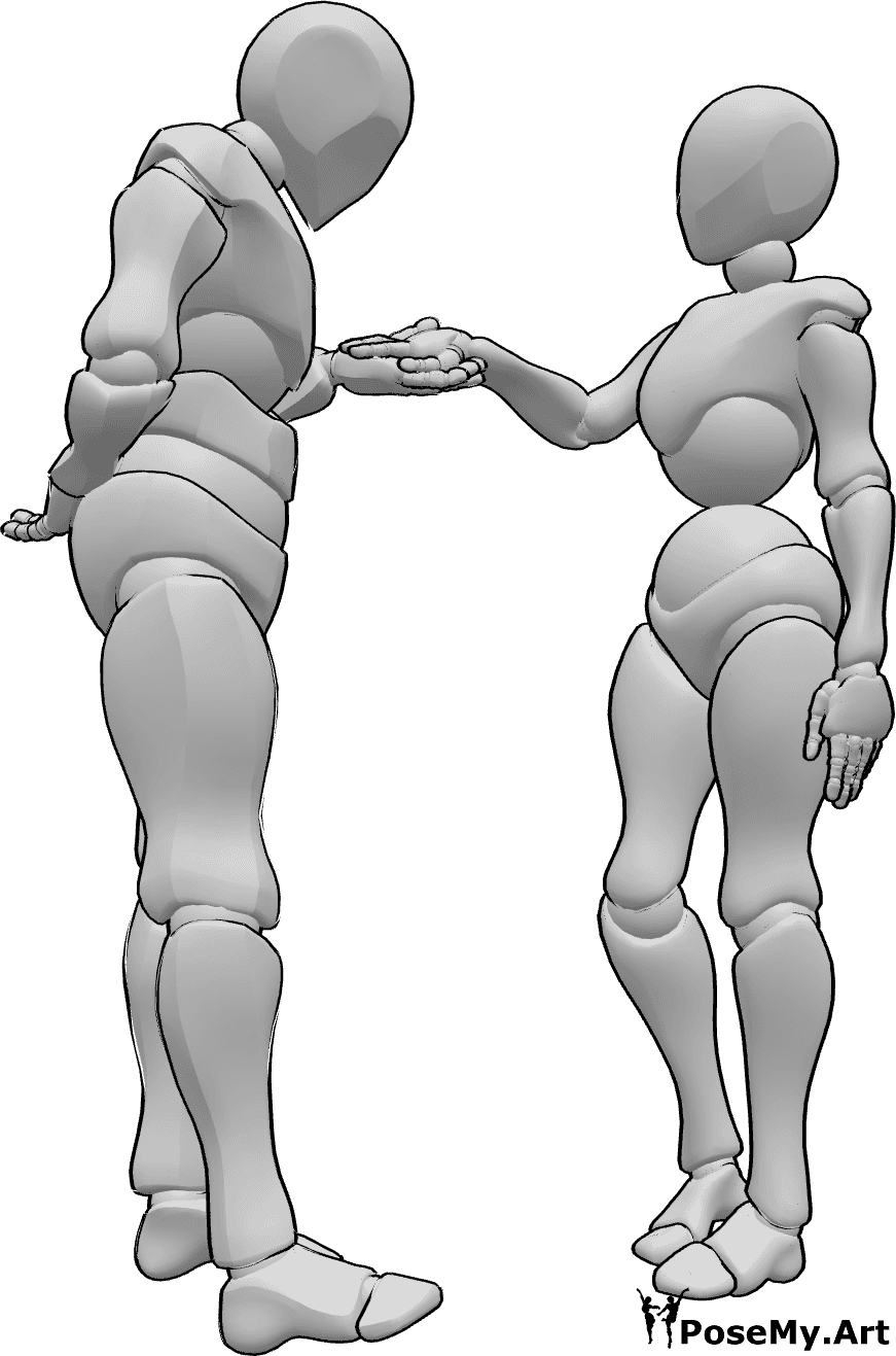 Riferimento alle pose- Posa educata del baciamano - Una donna e un uomo sono in piedi l'uno di fronte all'altro e l'uomo bacia gentilmente la mano della donna.