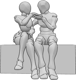 Referencia de poses- Postura sentada besamanos - La pareja está sentada y el hombre besa la mano derecha de la mujer, pose de besamanos.