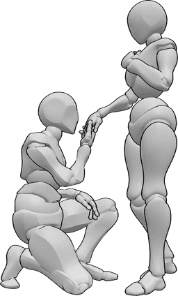 Référence des poses- Agenouillé, pose de la main qui embrasse - L'homme est agenouillé devant la femme et lui embrasse la main.