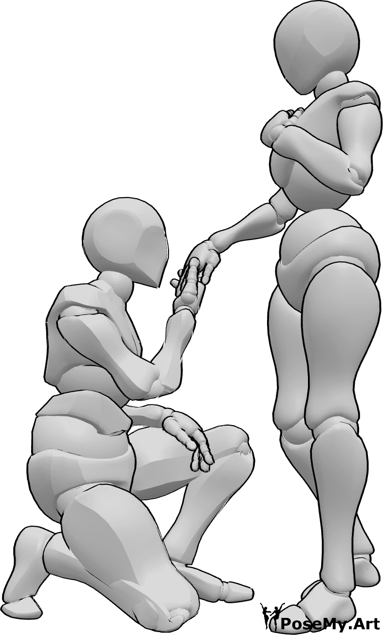 Référence des poses- Agenouillé, pose de la main qui embrasse - L'homme est agenouillé devant la femme et lui embrasse la main.