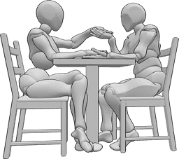 Posen-Referenz- Sitzende Hände halten Pose - Eine Frau und ein Mann sitzen an einem Tisch und halten sich an den Händen; der Mann ist im Begriff, die linke Hand der Frau zu küssen.