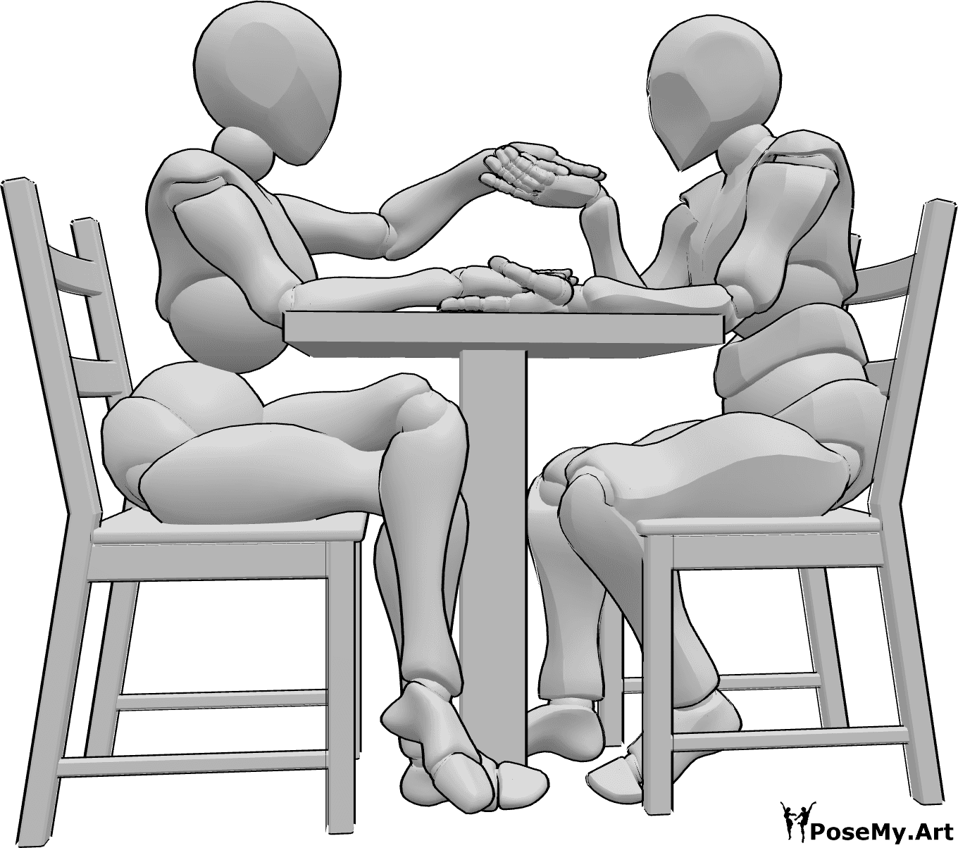 Referência de poses- Postura sentada de mãos dadas - Uma mulher e um homem estão sentados à mesa e de mãos dadas, o homem está prestes a beijar a mão esquerda da mulher