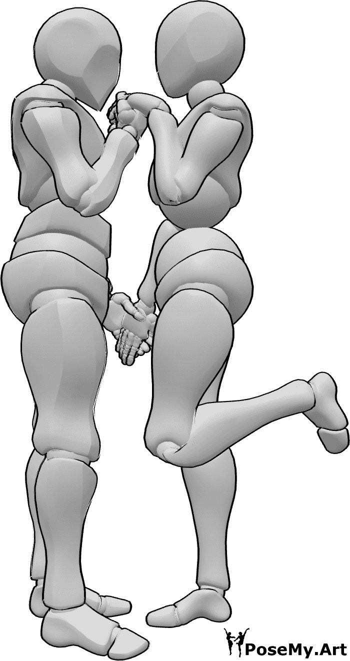 Riferimento alle pose- Posa romantica del baciamano - Coppia in piedi che si tiene per mano e l'uomo bacia la mano sinistra della donna, posa del baciamano