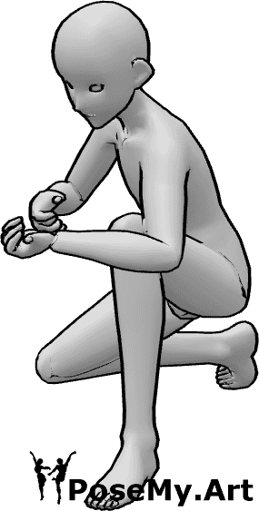 Referência de poses- Pose de ajoelhamento com espingarda - Homem de base anime ajoelhado enquanto segura uma pose de espingarda