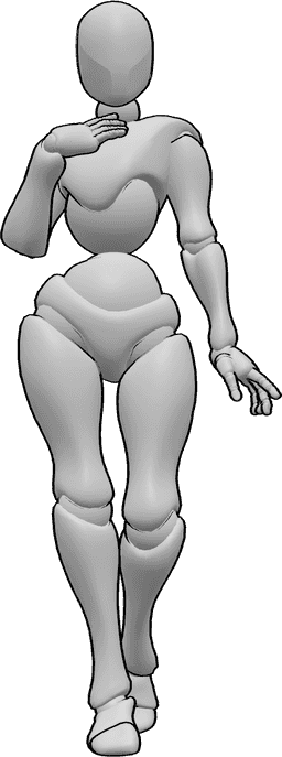 Posen-Referenz- Elegante stehende Pose - Die Frau steht und berührt mit ihrer rechten Hand elegant ihre Brust