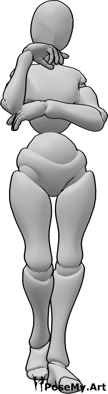 Posen-Referenz- Elegante Handhaltung - Die Frau steht elegant und berührt mit der rechten Hand ihr Gesicht
