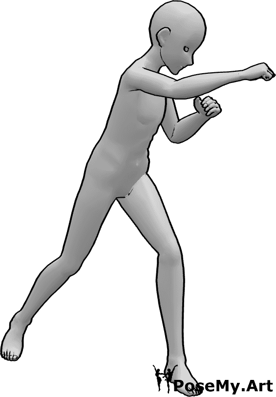 Referência de poses- Pose de soco - Homem base de anime numa pose básica de punção