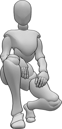 Posen-Referenz- Kniende Handhaltung - Frau kniet, schaut nach vorne und posiert für ein Foto, Handfotopose