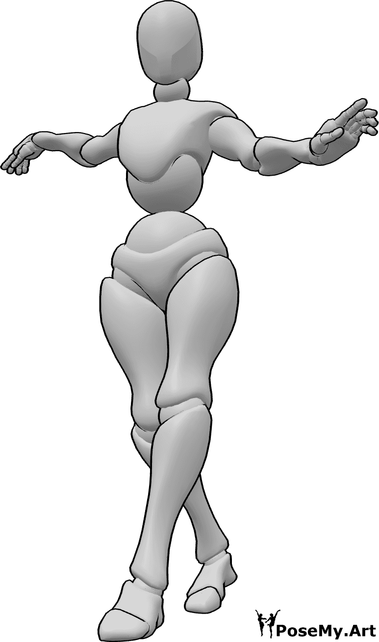 Posen-Referenz- Elegante balancierende Handhaltung - Frau geht und balanciert elegant mit ihren Händen, Handfotopose