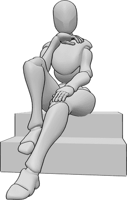 Référence des poses- Pose de gestes élégants - Une femme est assise sur les escaliers et pose pour une photo avec des gestes élégants.