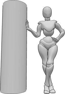 Referencia de poses- Foto inclinada pose de la mano - Mujer de pie y apoyada en un pilar, posando para una foto, sosteniendo sus manos con elegancia.