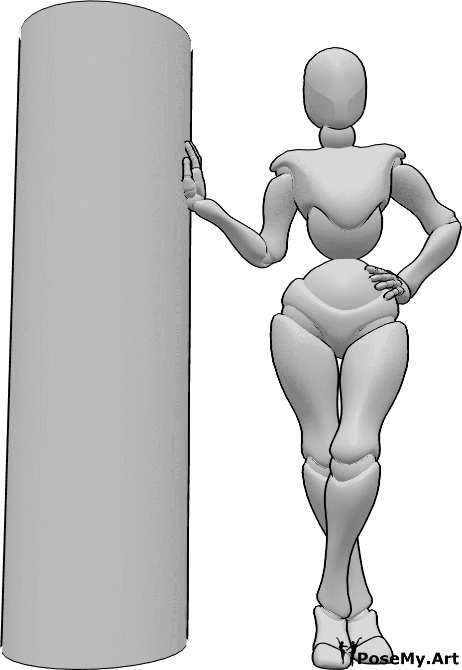 Riferimento alle pose- Posa della mano in foto appoggiata - Donna in piedi e appoggiata a un pilastro, in posa per una foto, che tiene le mani in modo elegante