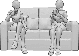 Référence des poses- Deux femmes prenant la pose pour boire - Deux femmes sont assises sur un canapé, verres en main, et boivent quelque chose.