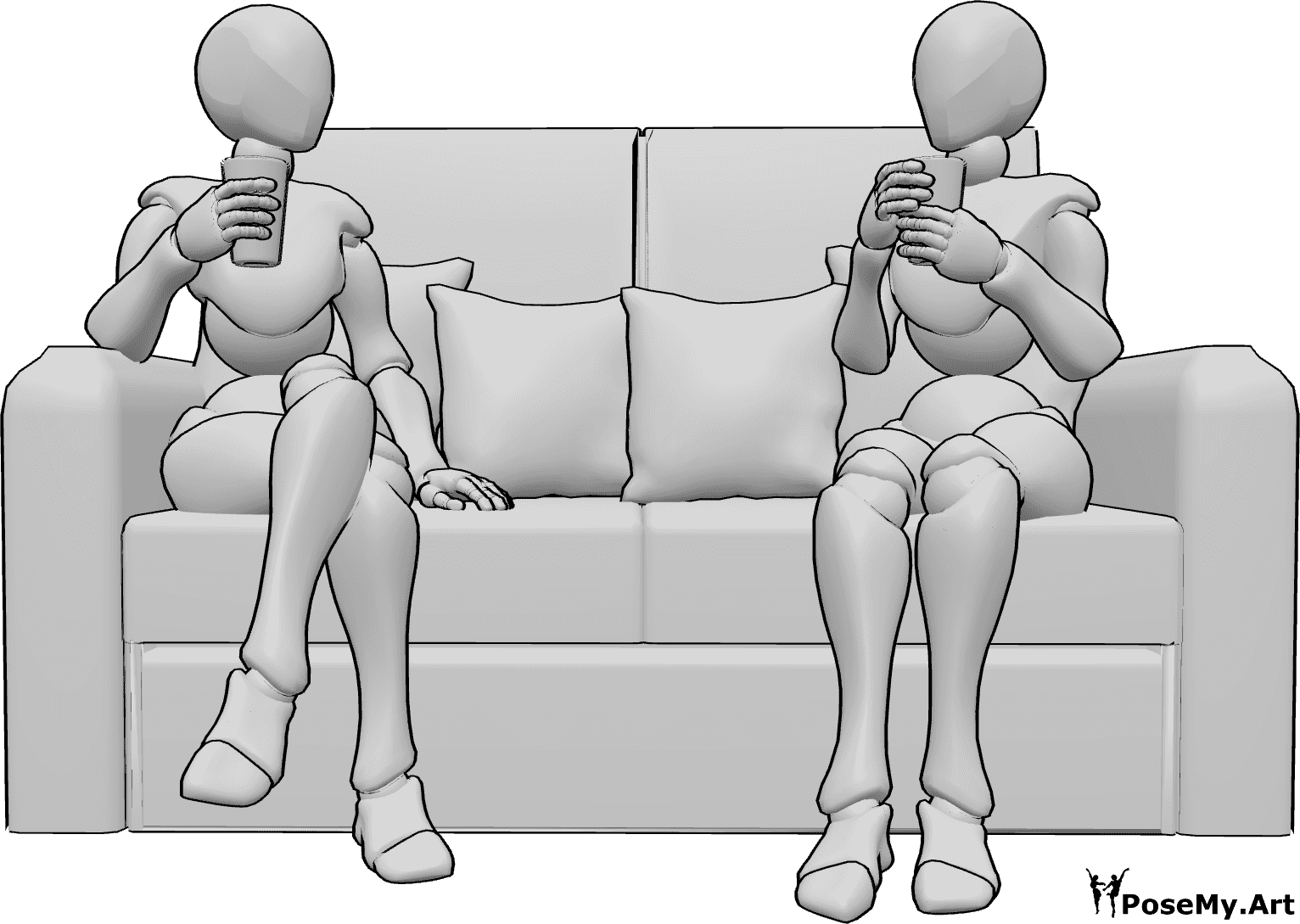 Posen-Referenz- Zwei weibliche Trinkerinnen in Pose - Zwei Frauen sitzen auf einer Couch, halten Gläser in der Hand und trinken etwas.