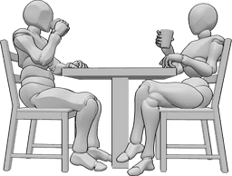 Posen-Referenz- Weibliche männliche Trinkpose - Eine Frau und ein Mann sitzen sich an einem Tisch gegenüber und trinken etwas