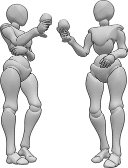 Referência de poses- Mulheres em pose de brinde - Duas mulheres estão de pé e brindam antes de beber, bebendo referência
