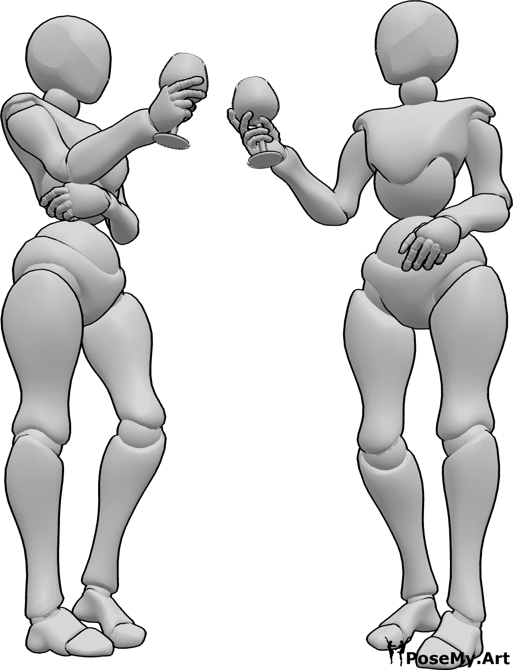 Referência de poses- Mulheres em pose de brinde - Duas mulheres estão de pé e brindam antes de beber, bebendo referência