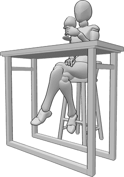 Référence des poses- Table de bar à boire pose - La femme est assise à la table du bar et boit dans un verre de vin.