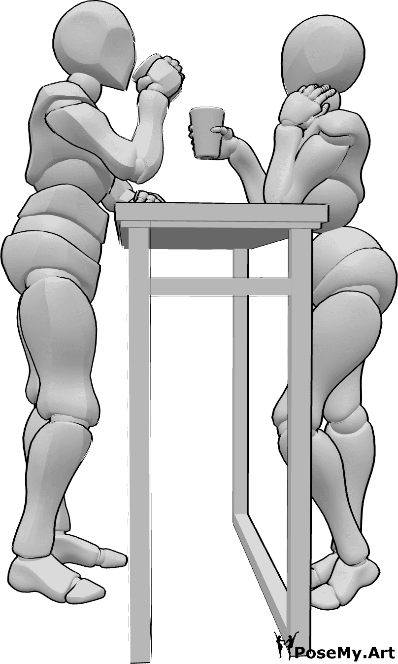 Referência de poses- Pose de homem a beber - Uma mulher e um homem estão de pé na mesa de bar em frente um do outro e bebem qualquer coisa