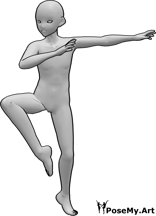 Referência de poses- Pose de dança de ballet - Homem base de anime a saltar e a fazer uma pose de dança de ballet
