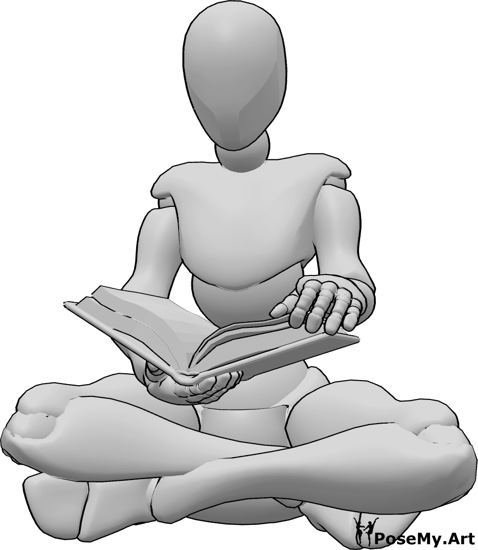 Referencia de poses- Postura de lectura sentado - Mujer sentada leyendo, sujetando el libro con la mano derecha y pasando las páginas con la izquierda.