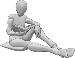 Referência de poses- Postura de leitura sentada confortável - Mulher sentada a ler, segurando o livro com a mão direita, lendo a referência