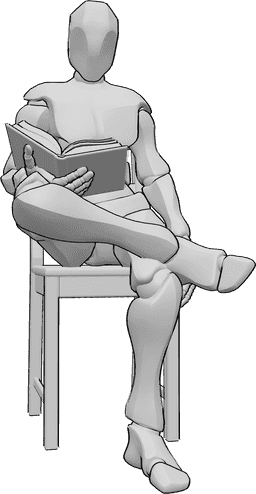 Referencia de poses- Hombre sentado leyendo - El hombre está sentado en la silla y leyendo, sosteniendo el libro con la mano derecha.