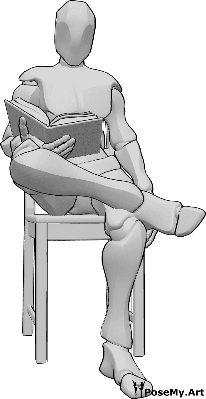 Referência de poses- Homem sentado a ler - O homem está sentado na cadeira e está a ler, segurando o livro com a mão direita
