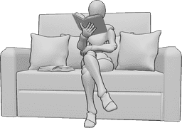 Referencia de poses- Pose de lectura femenina - Mujer sentada en el sofá leyendo y sujetando el libro con la mano derecha.