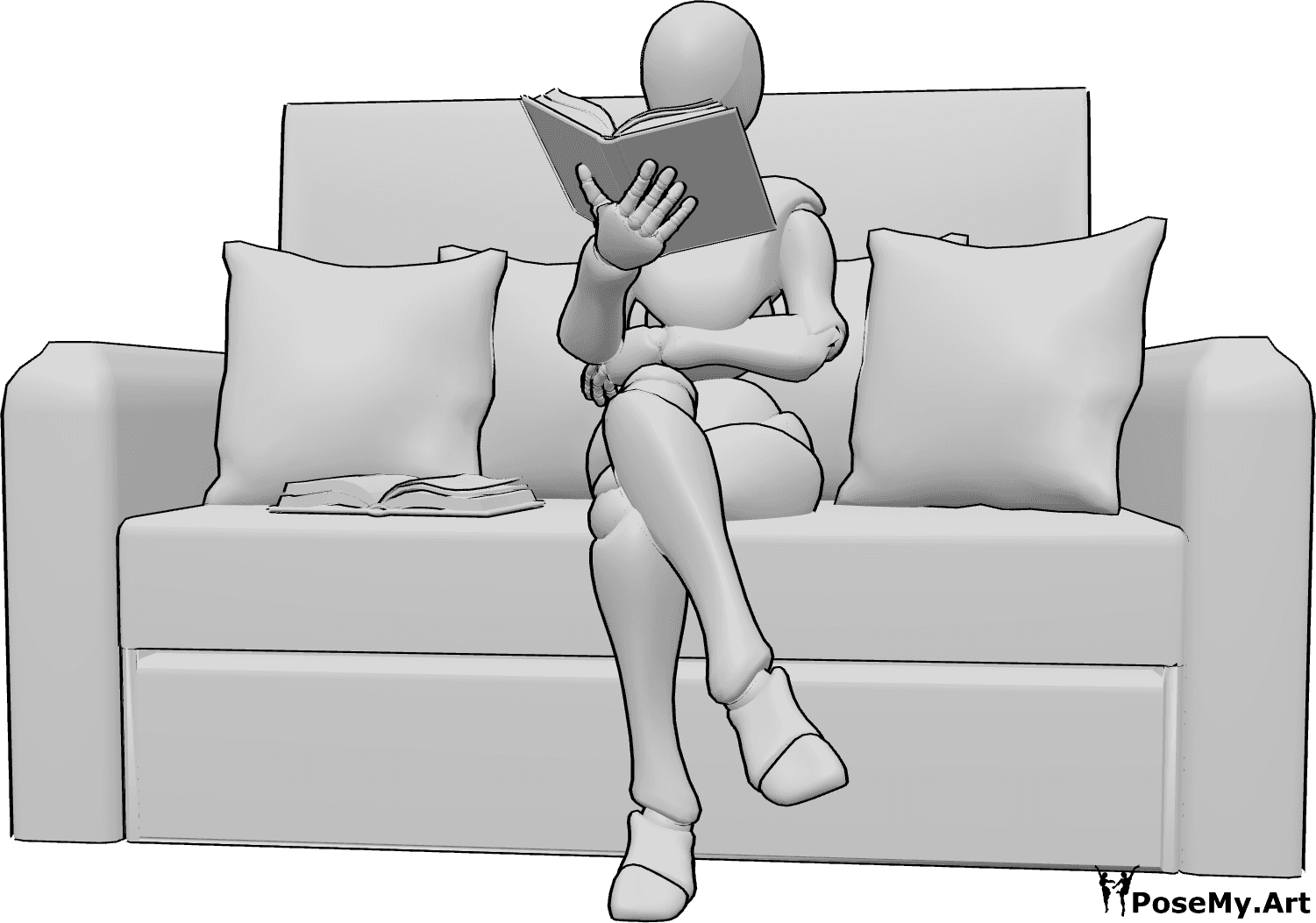Referência de poses- Pose de leitura feminina - A mulher está sentada no sofá a ler, segurando o livro com a mão direita