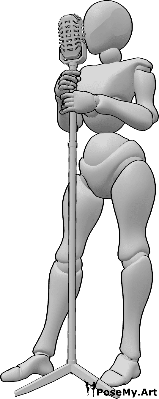 Pose Reference- Female singing pose - Female is standing and singing, holding the vintage microphone stand with both hands