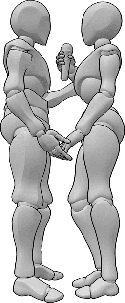 Referência de poses- Pose romântica de canto em dueto - Uma mulher e um homem cantam um dueto romântico e dão-se as mãos, cantando em pose