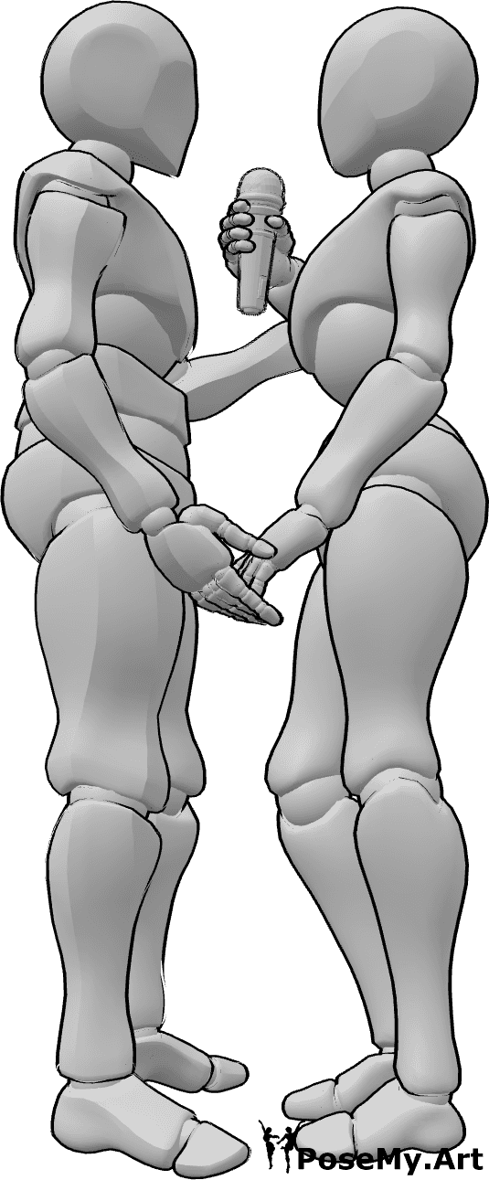 Référence des poses- Pose romantique de chant en duo - Une femme et un homme chantent un duo romantique et se tiennent par la main en prenant la pose.