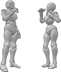 Referência de poses- Pose de canto de homem feminino - A mulher e o homem estão à frente um do outro e cantam