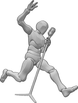 Posen-Referenz- Rockstar-Gesangspose - Das Männchen springt wie ein Rockstar und hält den Mikrofonständer in der linken Hand
