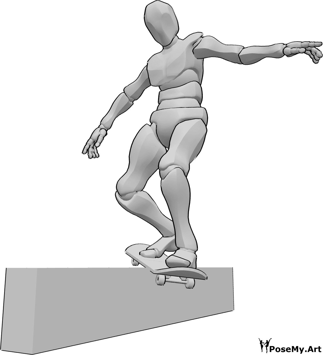 Riferimento alle pose- Posa scorrevole della ringhiera dello skateboard - Uomo scivola su una ringhiera con il suo skateboard, in equilibrio con le mani, riferimento disegno skateboard
