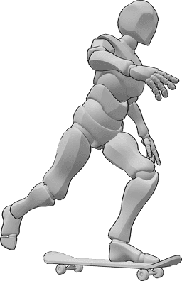 Referencia de poses- Postura de empuje del pie derecho - Varón en monopatín, con el pie izquierdo adelantado y empujando con el derecho