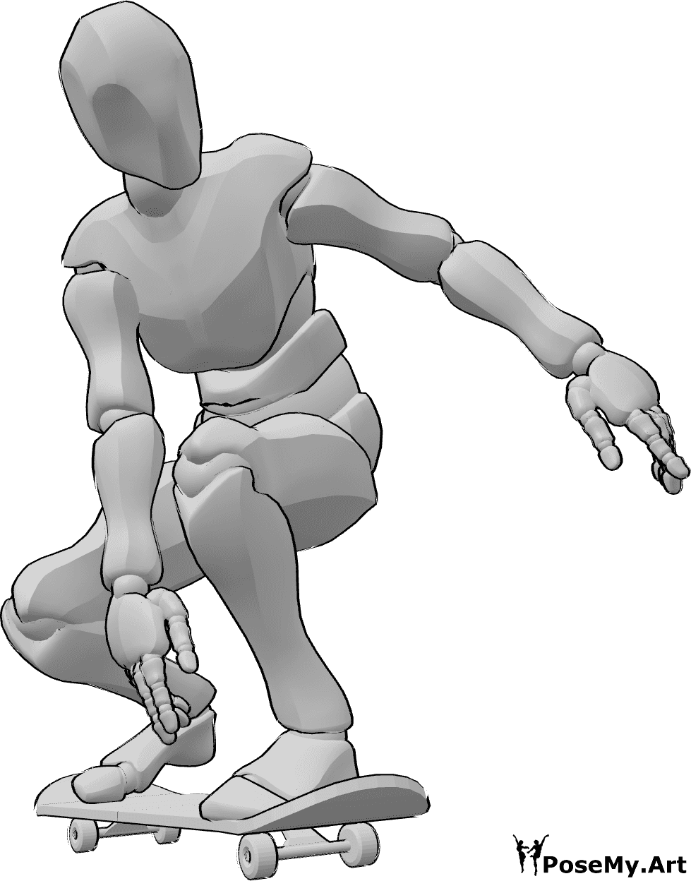 Referencia de poses- Postura de monopatín agachado - Varón en monopatín, rueda sobre el monopatín agachado