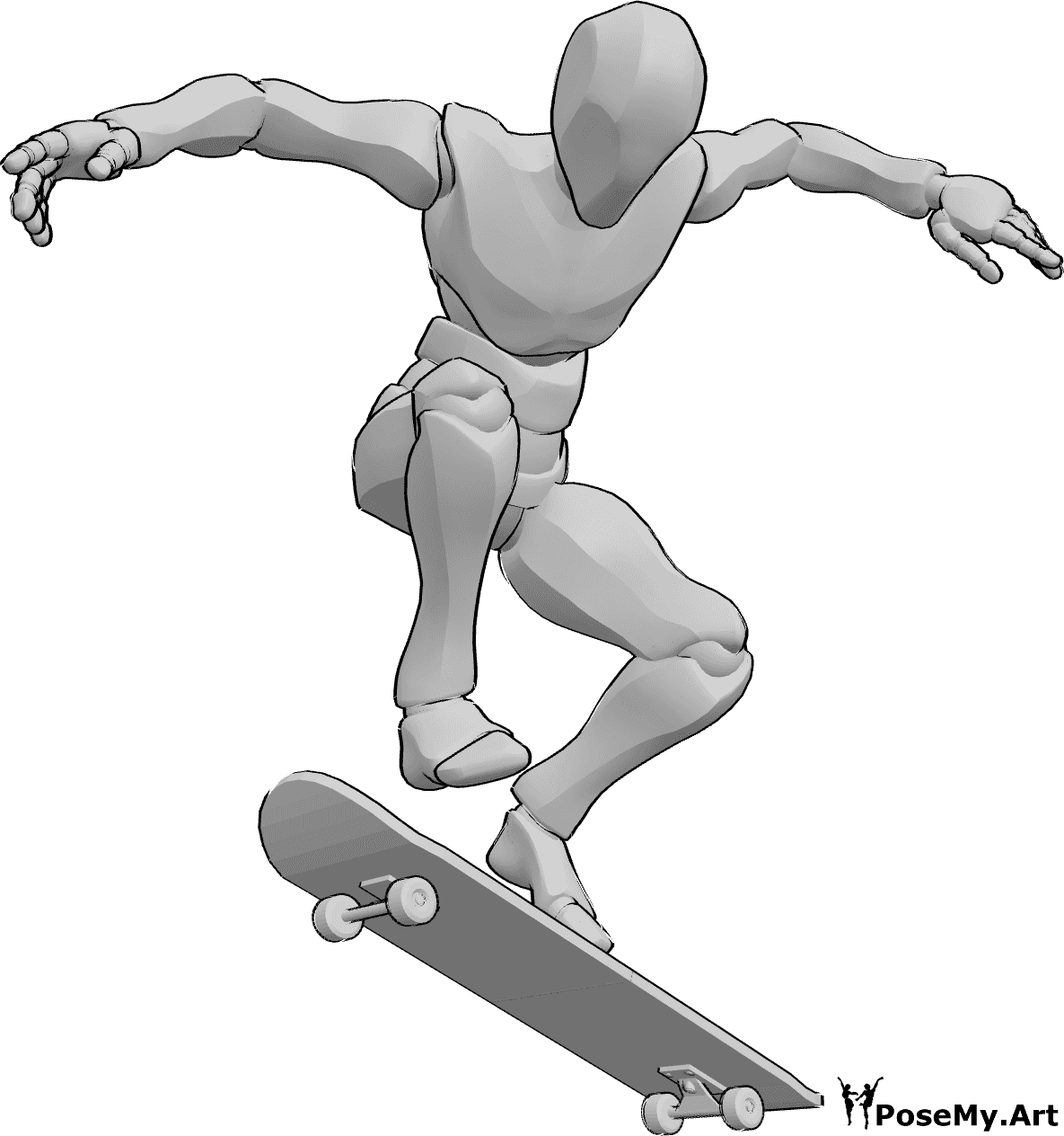 Référence des poses- Pose de kickflip en skateboard - L'homme fait du skateboard, en faisant un kickflip dans les airs, référence de dessin de skateboard.
