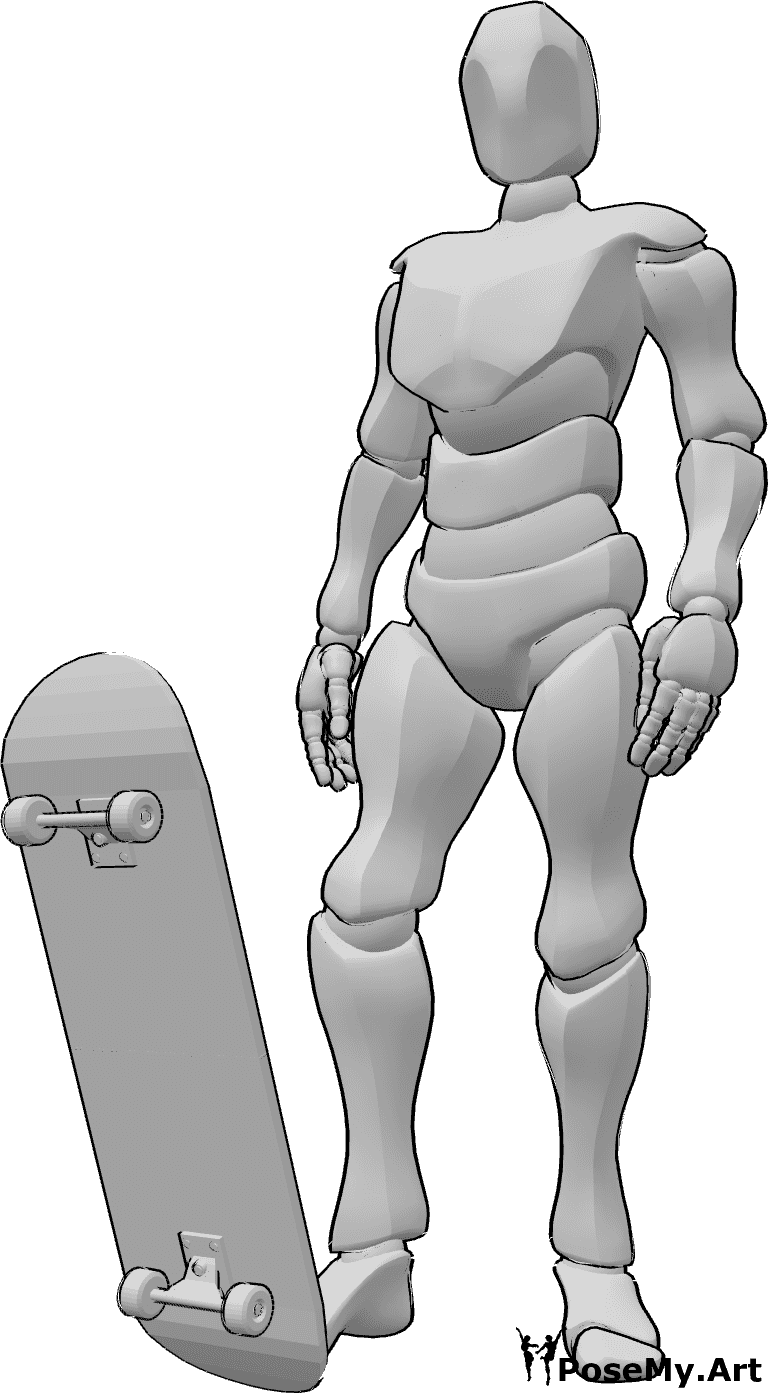 Referência de poses- Pose de pé de um skate masculino - Homem de pé, com o pé direito na extremidade do skate, a olhar para a direita, de pé e a fazer pose