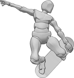 Referência de poses- Pose de salto de skate - Homem anda de skate, saltando alto e segurando o skate com a mão esquerda