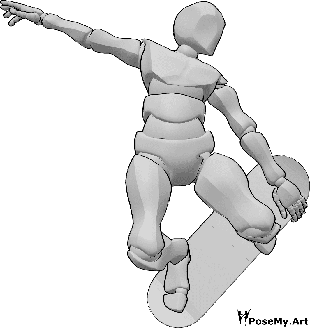 Posen-Referenz- Skateboard-Sprung-Pose - Mann fährt Skateboard, springt hoch und hält das Skateboard mit der linken Hand