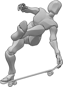 Referencia de poses- Postura de pierna levantada con monopatín - Varón en monopatín, saltando alto, sujetando el monopatín con la mano izquierda y levantando la pierna izquierda