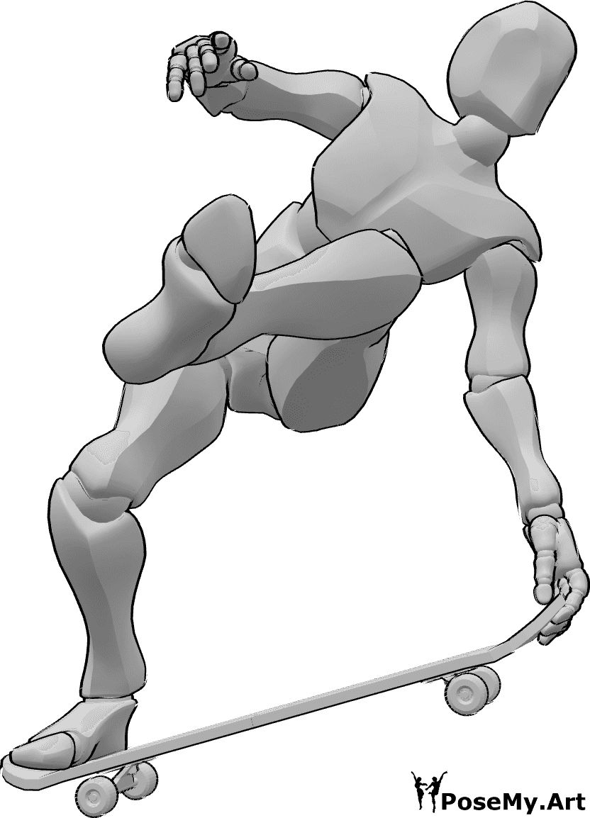 Riferimento alle pose- Posizione di sollevamento delle gambe con lo skateboard - Uomo che fa skateboard, salta in alto, tiene lo skateboard con la mano sinistra e alza la gamba sinistra