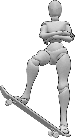 Référence des poses- Femme skateboard debout - La femme est debout, les bras croisés, son pied droit est sur le bord de la planche à roulettes.
