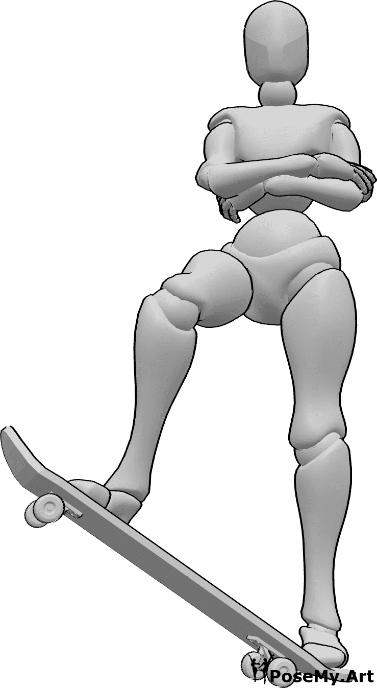 Riferimento alle pose- Posa in piedi dello skateboard femminile - La donna è in piedi con le braccia incrociate, il piede destro è sul bordo dello skateboard.