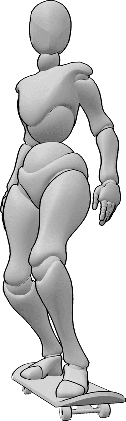 Referencia de poses- Postura femenina en monopatín - La mujer está de pie sobre el monopatín, con el pie izquierdo hacia delante y el derecho hacia atrás.